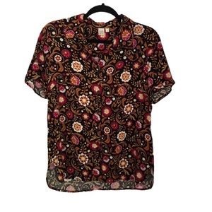 Floral tropical button down short sleeve shirt black Twik